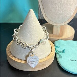 Tiffany & Co. Sterling Silver Heart Tag Charm Bracelet with Tiffany Blue Pouch